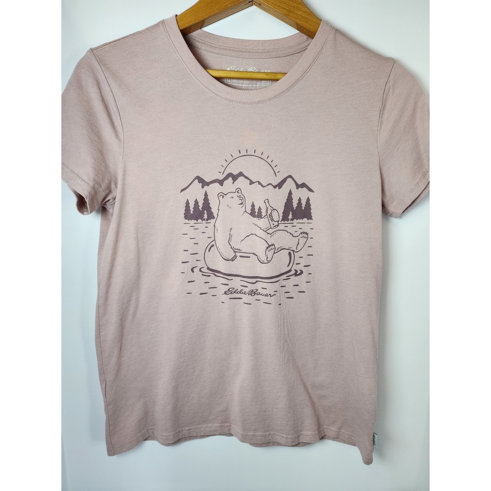 Eddie Bauer Womens Small Mauve Graphic Tee Bear Tubing Mountain Short Sleeve